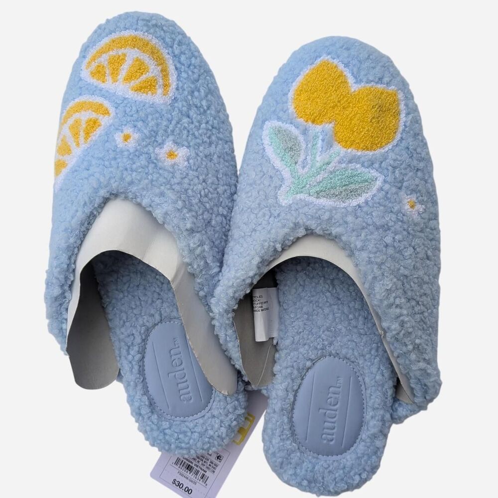 NWT Auden Women's Faux-Fur Sherpa Slipper Slides Light Blue Lemon - Size 8 - Picture 2 of 5